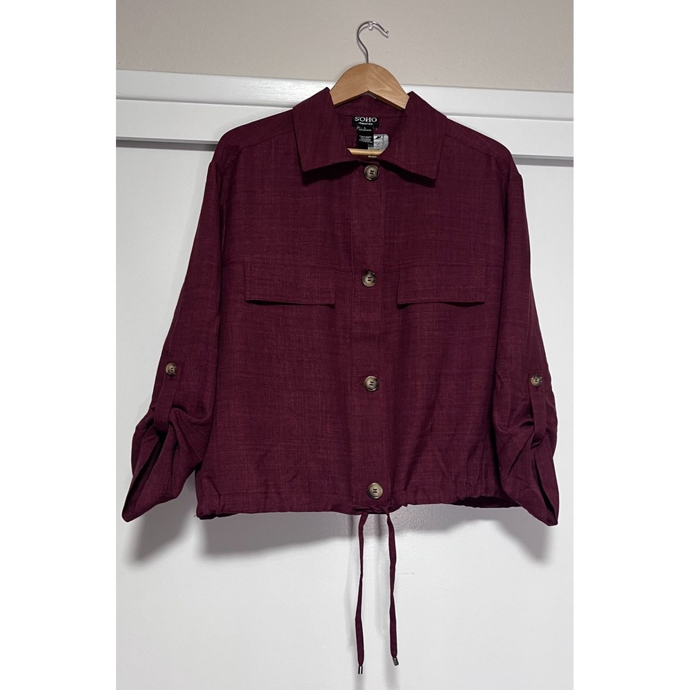 SOHO Apparel Burgundy Cropped Jacket Button Front Utility Style, size L – NWT